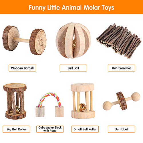 Hamster Toys, Natural Wooden Chew Playing Toy with Dumbbells Bell Roller Seesaw for Guinea Pig Chinchilla Parrot Rat Bunny to Playing and Protecting Teeth