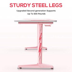 It's_Organized Pink Gaming Desk,47 inch Home Study Desk, Sturdy T-Shaped with Cup Holder Headphone Hook Controller Stand, Pink Desk Gift for Girl