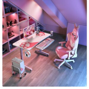 It's_Organized Pink Gaming Desk,47 inch Home Study Desk, Sturdy T-Shaped with Cup Holder Headphone Hook Controller Stand, Pink Desk Gift for Girl