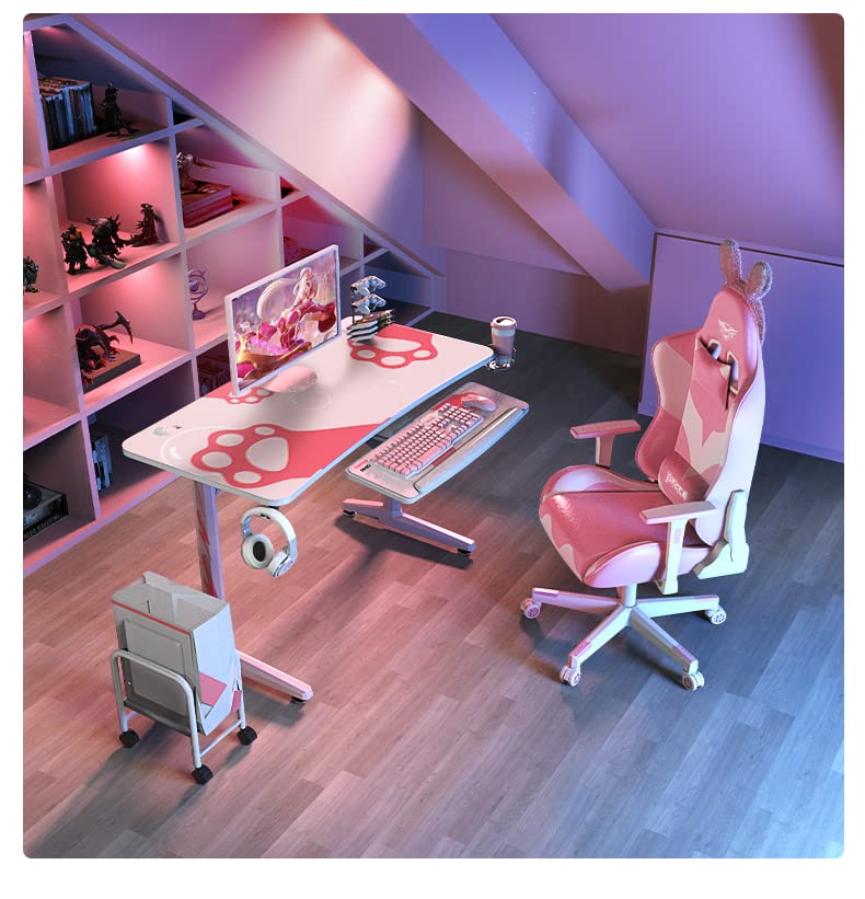 It's_Organized Pink Gaming Desk,47 inch Home Study Desk, Sturdy T-Shaped with Cup Holder Headphone Hook Controller Stand, Pink Desk Gift for Girl