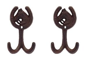 rustic heavy duty cast iron horse shoe wall hooks, set of 2, 5 inch