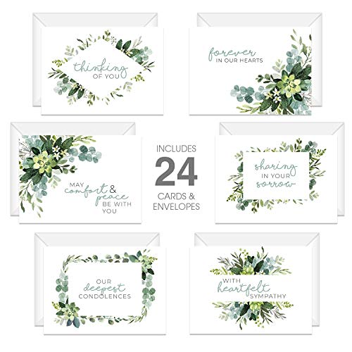 Canopy Street Greenery Floral Sympathy Cards / 24 Sympathy Cards And Envelopes / 6 Modern Designs / 4 5/8" x 6 1/4" Sympathy Greeting Cards