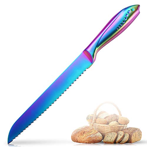 WELLSTAR Bread Knife 8 Inch, Serrated Bread Cutter, Ultra Sharp German Stainless Steel Blade and Comfortable Handle with Rainbow Titanium Coated for Slicing Breads Loaves Bagel Cake and Large Fruit