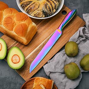 WELLSTAR Bread Knife 8 Inch, Serrated Bread Cutter, Ultra Sharp German Stainless Steel Blade and Comfortable Handle with Rainbow Titanium Coated for Slicing Breads Loaves Bagel Cake and Large Fruit
