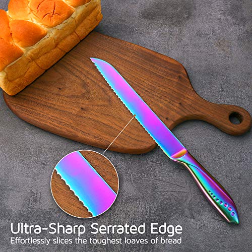 WELLSTAR Bread Knife 8 Inch, Serrated Bread Cutter, Ultra Sharp German Stainless Steel Blade and Comfortable Handle with Rainbow Titanium Coated for Slicing Breads Loaves Bagel Cake and Large Fruit