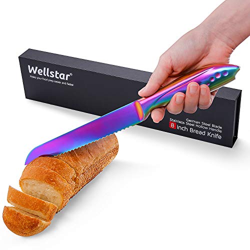 WELLSTAR Bread Knife 8 Inch, Serrated Bread Cutter, Ultra Sharp German Stainless Steel Blade and Comfortable Handle with Rainbow Titanium Coated for Slicing Breads Loaves Bagel Cake and Large Fruit