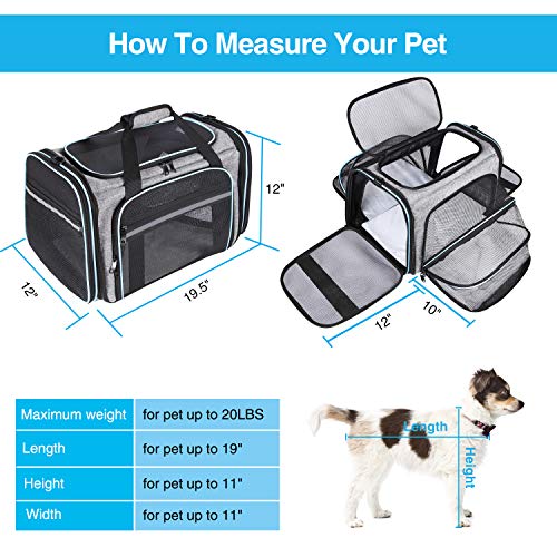 MASKEYON Airline Approved Portable Pet Carrier 2 Sides Expandable Soft-Sided Large Cats Carrier Collapsible Kennel Travel TSA Carrier 4 Doors with Removable Pads and 3 Pockets for Puppy Small Dogs