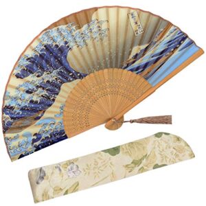 zolee small folding hand fan for women - chinese japanese vintage bamboo silk fans - for dance, performance, decoration, wedding, party，gift (kanagawa sea waves)