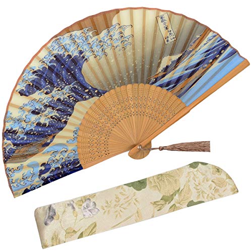 Zolee Small Folding Hand Fan for Women - Chinese Japanese Vintage Bamboo Silk Fans - for Dance, Performance, Decoration, Wedding, Party，Gift (Kanagawa Sea Waves)