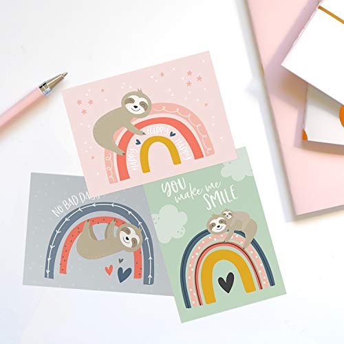 Canopy Street Encouragement Cards with Happy Rainbow and Sloth Design / 24 All Occasion Greeting Cards and Envelopes / 6 Cute Designs