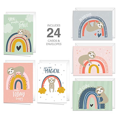 Canopy Street Encouragement Cards with Happy Rainbow and Sloth Design / 24 All Occasion Greeting Cards and Envelopes / 6 Cute Designs