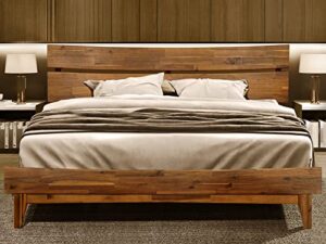 acacia aurora bed frame with headboard solid wood platform bed, king size bed frame, unqiue design contemporary signature wood bed compatible with all mattress types, non-slip and noise-free, caramel