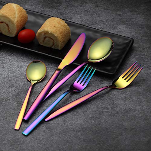 HOMQUEN Silverware Set 40 Pieces, Stainless Steel Colorful Flatware Set, Titanium Plating Rainbow Cutlery Set, Rainbow Utensil Sets Service Set for 8 (Shiny Rainbow)