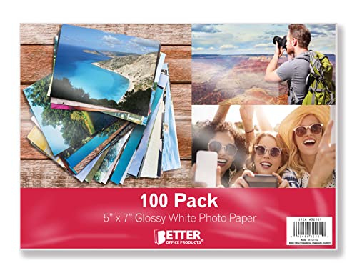 Premium Glossy Photo Paper, 5 x 7 inch, 100 Sheets, 200gsm, by Better Office Products, 5 x 7, 100-Count Pack