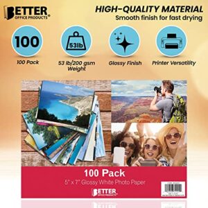 Premium Glossy Photo Paper, 5 x 7 inch, 100 Sheets, 200gsm, by Better Office Products, 5 x 7, 100-Count Pack