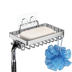 Soap Dish Soap Holder with Hooks for Shower, Rust Proof 304 Stainless Steel, Adhesive No Drilling