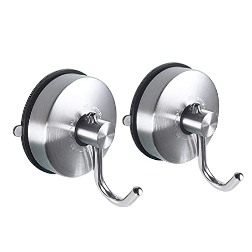 Shower Suction Cup Hooks Bathroom Towel Suction Holder Metal Coat Hook Heavy Duty Organizer for Kitchen/Bathroom/Restroom 304 Stainless Steel, Brushed Finish (2 Pack)