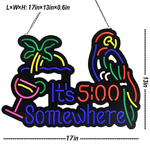 It's 5:00 Some Where & Parrot LED Neon Sign Art Wall Lights for Beer Bar Club Bedroom Windows Glass Hotel Pub Cafe Wedding Birthday Party Gifts