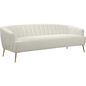 meridian furniture tori collection modern | contemporary velvet upholstered sofa with deep channel tufting and ball designed custom gold legs, 84.50" w x 31.5" d x 29.75" h, cream
