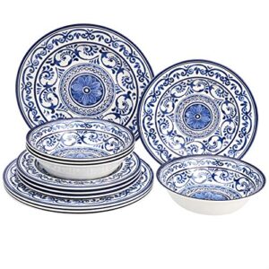 amazon basics melamine dinnerware set, service for 4, traditional blue and white - set of 12