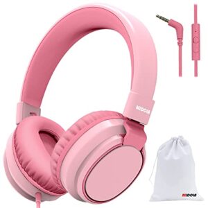 midola kids headphones wired volume limited 85/110db over ear foldable with shareport headset inline cable aux 3.5mm mic for ipad notebook boy girl travel school tablet pink