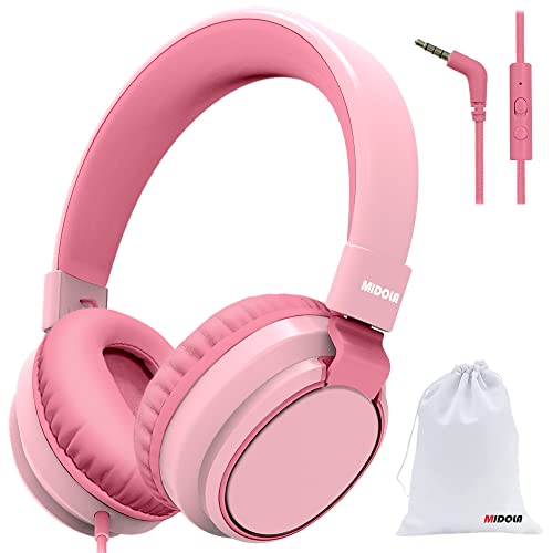 MIDOLA Kids Headphones Wired Volume Limited 85/110dB Over Ear Foldable with Shareport Headset Inline Cable AUX 3.5mm Mic for iPad Notebook Boy Girl Travel School Tablet Pink