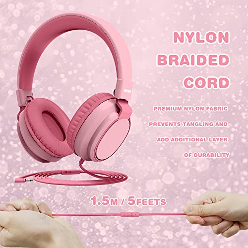 MIDOLA Kids Headphones Wired Volume Limited 85/110dB Over Ear Foldable with Shareport Headset Inline Cable AUX 3.5mm Mic for iPad Notebook Boy Girl Travel School Tablet Pink