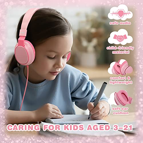 MIDOLA Kids Headphones Wired Volume Limited 85/110dB Over Ear Foldable with Shareport Headset Inline Cable AUX 3.5mm Mic for iPad Notebook Boy Girl Travel School Tablet Pink