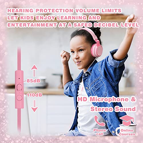 MIDOLA Kids Headphones Wired Volume Limited 85/110dB Over Ear Foldable with Shareport Headset Inline Cable AUX 3.5mm Mic for iPad Notebook Boy Girl Travel School Tablet Pink