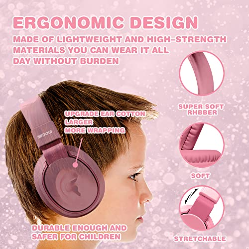 MIDOLA Kids Headphones Wired Volume Limited 85/110dB Over Ear Foldable with Shareport Headset Inline Cable AUX 3.5mm Mic for iPad Notebook Boy Girl Travel School Tablet Pink