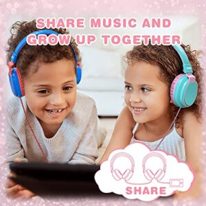 MIDOLA Kids Headphones Wired Volume Limited 85/110dB Over Ear Foldable with Shareport Headset Inline Cable AUX 3.5mm Mic for iPad Notebook Boy Girl Travel School Tablet Pink