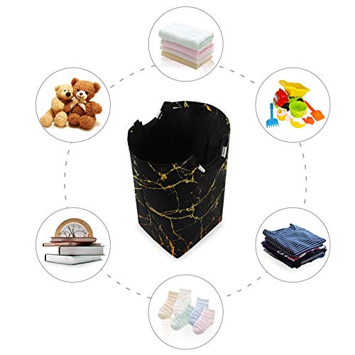 ALAZA Large Laundry Hamper Basket Black Marble With Gold Geometric Laundry Bag Collapsible Oxford Cloth Stylish Home Storage Bin with Handles, 22.7 Inch