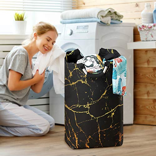 ALAZA Large Laundry Hamper Basket Black Marble With Gold Geometric Laundry Bag Collapsible Oxford Cloth Stylish Home Storage Bin with Handles, 22.7 Inch