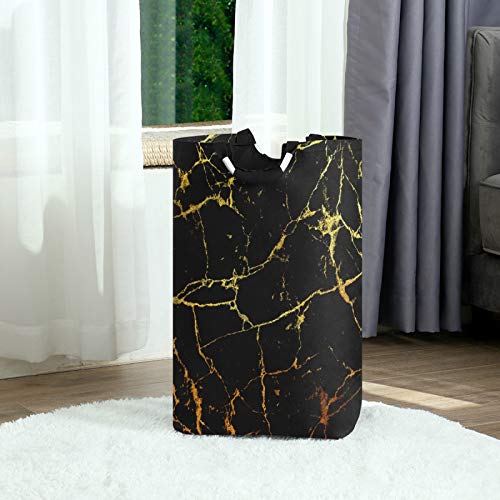 ALAZA Large Laundry Hamper Basket Black Marble With Gold Geometric Laundry Bag Collapsible Oxford Cloth Stylish Home Storage Bin with Handles, 22.7 Inch