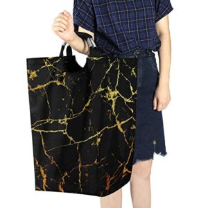 ALAZA Large Laundry Hamper Basket Black Marble With Gold Geometric Laundry Bag Collapsible Oxford Cloth Stylish Home Storage Bin with Handles, 22.7 Inch