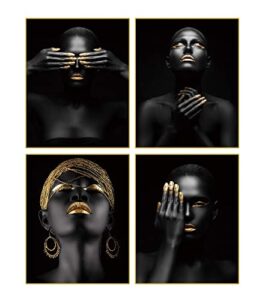 african american wall art painting black woman fashion pop gold earrings necklace black set of 4 (8”x10” canvas picture) pretty girl room poster art painting bedroom or room for home decor no frame