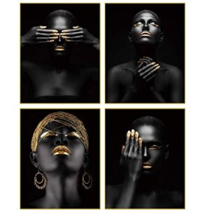 African American Wall Art Painting Black Woman Fashion Pop Gold Earrings Necklace Black Set of 4 (8”X10” Canvas Picture) Pretty Girl Room Poster Art Painting Bedroom or Room for Home Decor No Frame