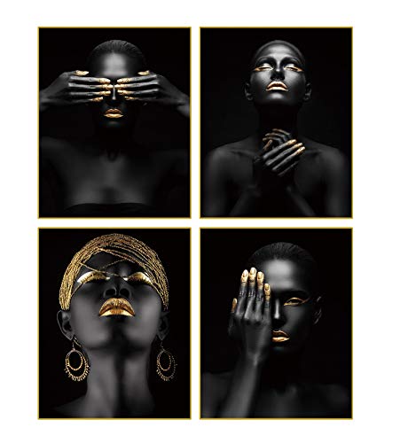 African American Wall Art Painting Black Woman Fashion Pop Gold Earrings Necklace Black Set of 4 (8”X10” Canvas Picture) Pretty Girl Room Poster Art Painting Bedroom or Room for Home Decor No Frame