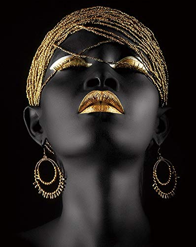 African American Wall Art Painting Black Woman Fashion Pop Gold Earrings Necklace Black Set of 4 (8”X10” Canvas Picture) Pretty Girl Room Poster Art Painting Bedroom or Room for Home Decor No Frame