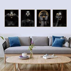 African American Wall Art Painting Black Woman Fashion Pop Gold Earrings Necklace Black Set of 4 (8”X10” Canvas Picture) Pretty Girl Room Poster Art Painting Bedroom or Room for Home Decor No Frame