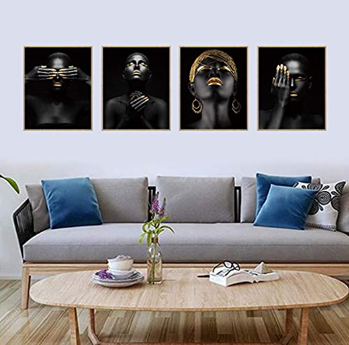 African American Wall Art Painting Black Woman Fashion Pop Gold Earrings Necklace Black Set of 4 (8”X10” Canvas Picture) Pretty Girl Room Poster Art Painting Bedroom or Room for Home Decor No Frame