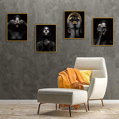 African American Wall Art Painting Black Woman Fashion Pop Gold Earrings Necklace Black Set of 4 (8”X10” Canvas Picture) Pretty Girl Room Poster Art Painting Bedroom or Room for Home Decor No Frame