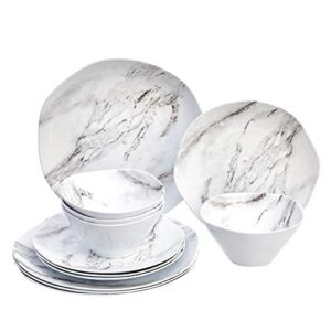 amazon basics melamine dinnerware set, service for 4, white marble - set of 12