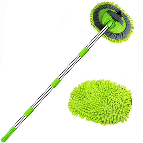 WillingHeart 63" Car Wash Mop Brush Tool Mitt with Long Handle Length More Suitable for Washing American Cars Truck, SUV, RV, Trailer, 2 in 1 Chenille Microfiber Duster Not Hurt Paint Scratch Free