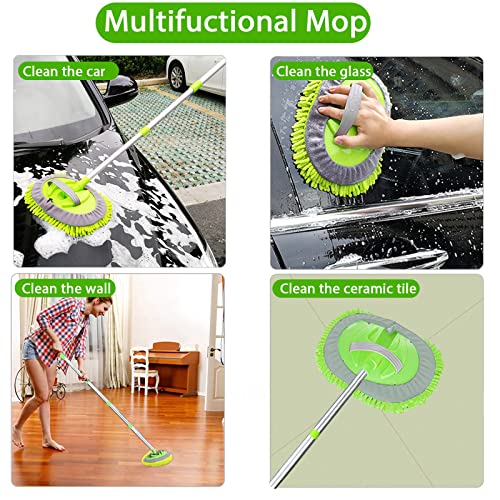 WillingHeart 63" Car Wash Mop Brush Tool Mitt with Long Handle Length More Suitable for Washing American Cars Truck, SUV, RV, Trailer, 2 in 1 Chenille Microfiber Duster Not Hurt Paint Scratch Free