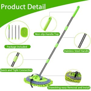 WillingHeart 63" Car Wash Mop Brush Tool Mitt with Long Handle Length More Suitable for Washing American Cars Truck, SUV, RV, Trailer, 2 in 1 Chenille Microfiber Duster Not Hurt Paint Scratch Free