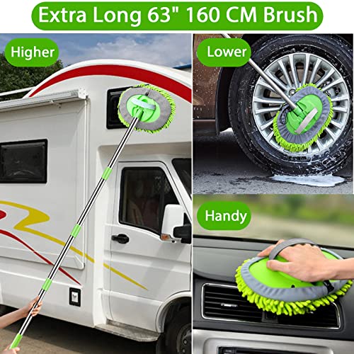 WillingHeart 63" Car Wash Mop Brush Tool Mitt with Long Handle Length More Suitable for Washing American Cars Truck, SUV, RV, Trailer, 2 in 1 Chenille Microfiber Duster Not Hurt Paint Scratch Free