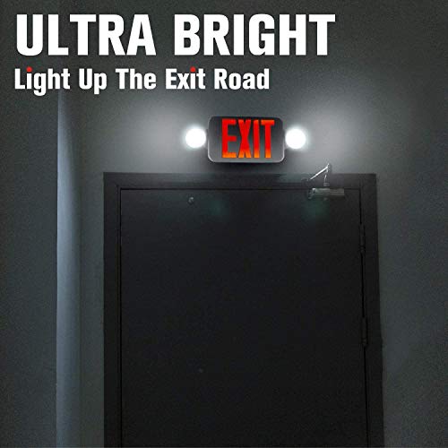 Litufine Double Face LED Combo Emergency EXIT Sign with 2 Adjustable Head Lights and Back Up Batteries- US Standard Red Letter Emergency Exit Lighting, UL 924 and CEC Qualified, 120-277 Voltage