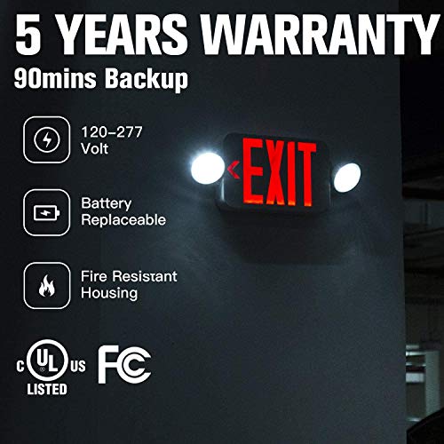 Litufine Double Face LED Combo Emergency EXIT Sign with 2 Adjustable Head Lights and Back Up Batteries- US Standard Red Letter Emergency Exit Lighting, UL 924 and CEC Qualified, 120-277 Voltage