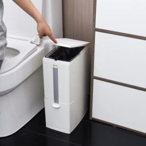 Cq acrylic Slim Plastic Trash Can with Press Top Lids for Bathroom,2.1 Gallon Garbage Can with Toilet Brush Holder,Waste Bin Between Wall & Toilet Dogproof Slim Rectangular Trash Bin for Toilet White